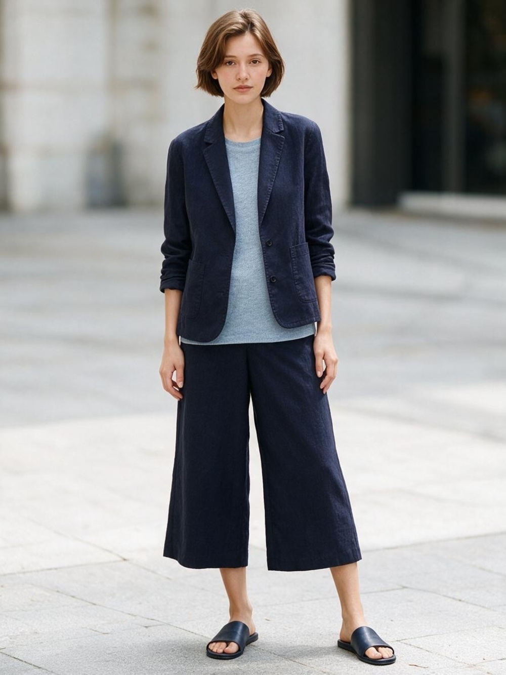 Eileen Fisher Stretch Cotton Notch Collar Blazer in Deep Navy XS